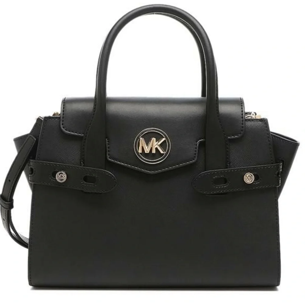 MICHAEL KORS Carmen Medium Faux Leather Belted Satchel Black Color